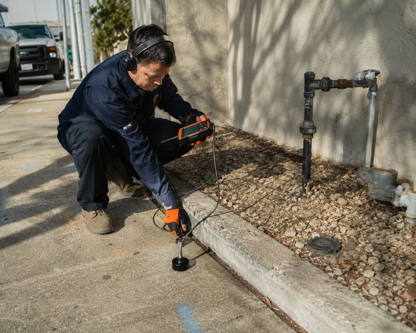 Technician performing a professional water leak detection inspection